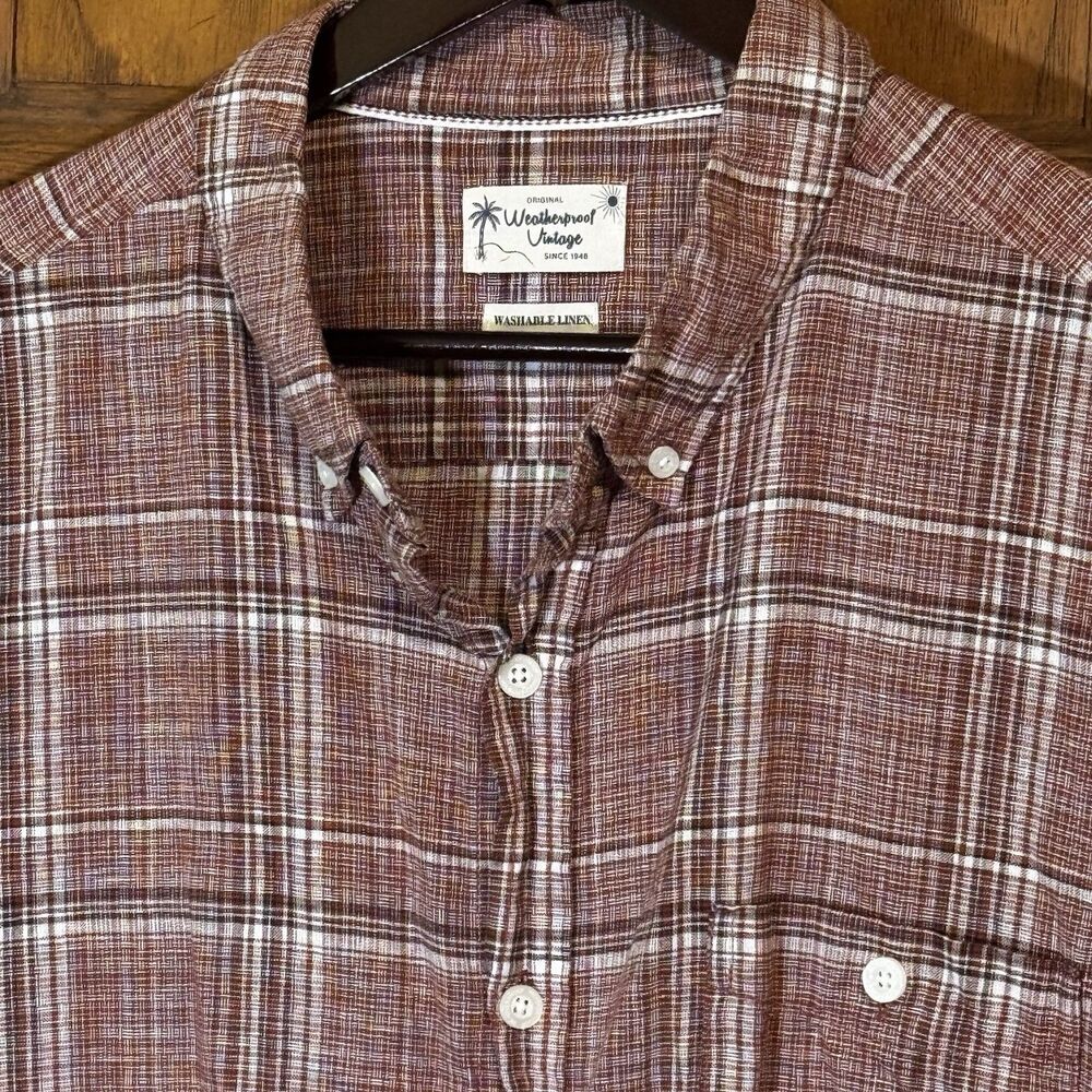 Weatherproof Vintage Washable Linen Shirt Men's XXL Sienna Plaid SS Button Down